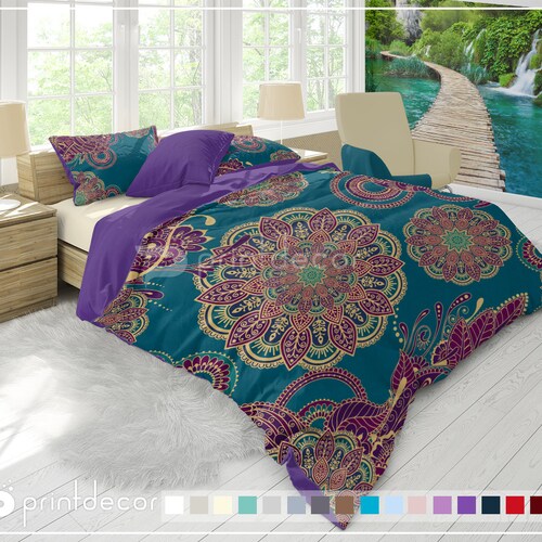 Peacock Mandala Bedding Set Boho Teal and Turquoise Duvet Etsy
