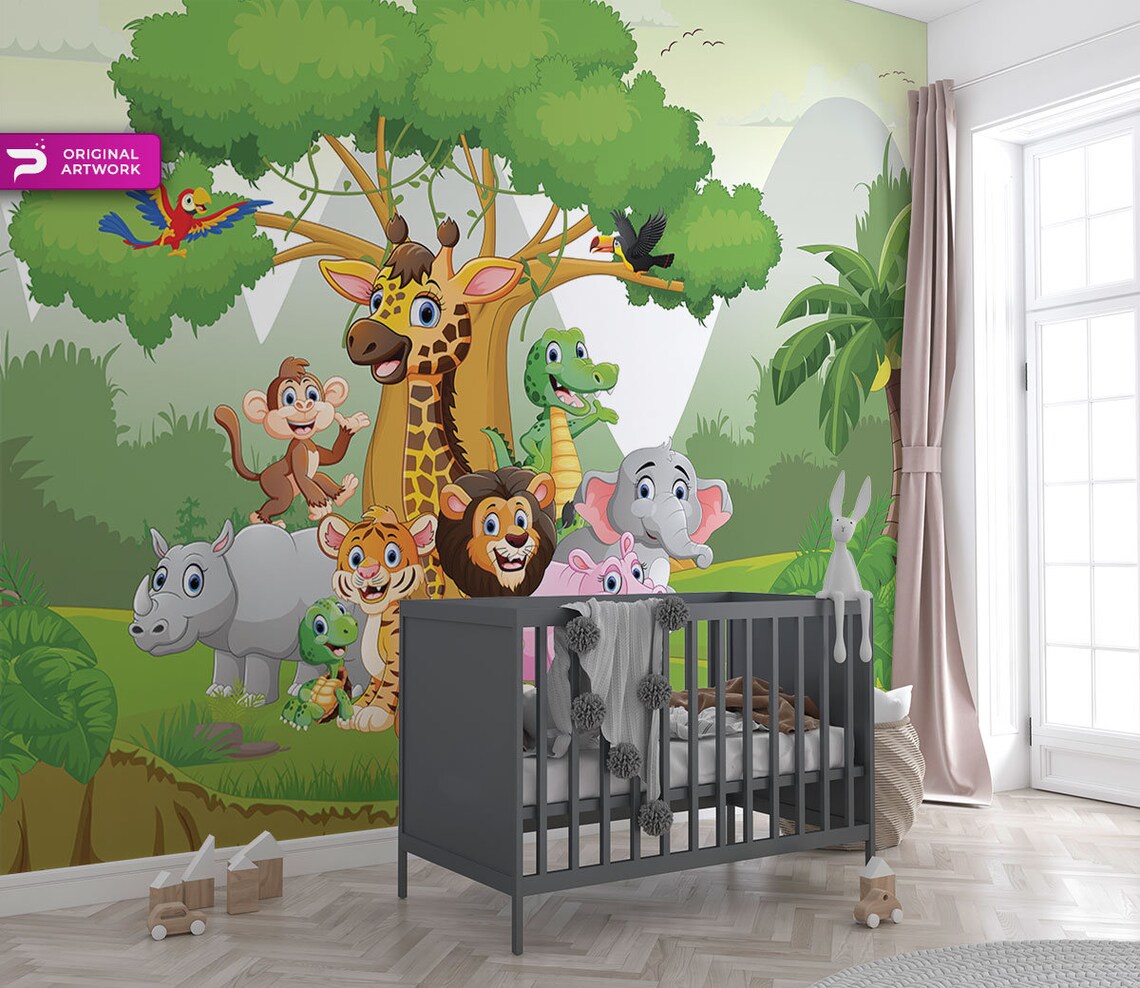 Cartoon Wallpaper Nursery WALLPAPER Cute Animals Wall Art - Etsy