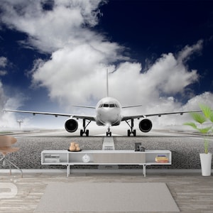 Plane WALL MURAL, Ready for Takeoff Wall Covering, Airplane Wall Art Print Poster Aircraft Wall Decor, Removable Reusable Peel & Stick Mural