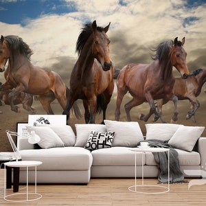 Wild Horses WALL MURAL, Bronco Wall Covering, Running Mustangs Wall Art Print Poster, Removable and Reusable, Peel & Stick Wallpaper Mural