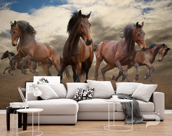 Wild Horses WALL MURAL, Bronco Wall Covering, Running Mustangs Wall Art Print Poster, Removable and Reusable, Peel & Stick Wallpaper Mural