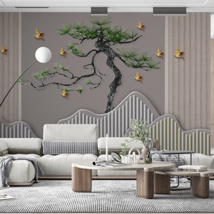 3D Tree WALLPAPER, Chinese Style Wall Covering, Golden Birds Wallpaper, Abstract Wall Decor, Peel & Stick Wall Mural