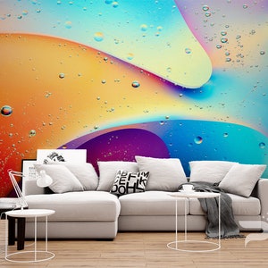 Colorful WALL MURAL, Abstract Wallpaper, Colorful Wall Art Print, Abstract Waves Bubbles Wall Decor Illusion, Removable Peel & Stick Mural