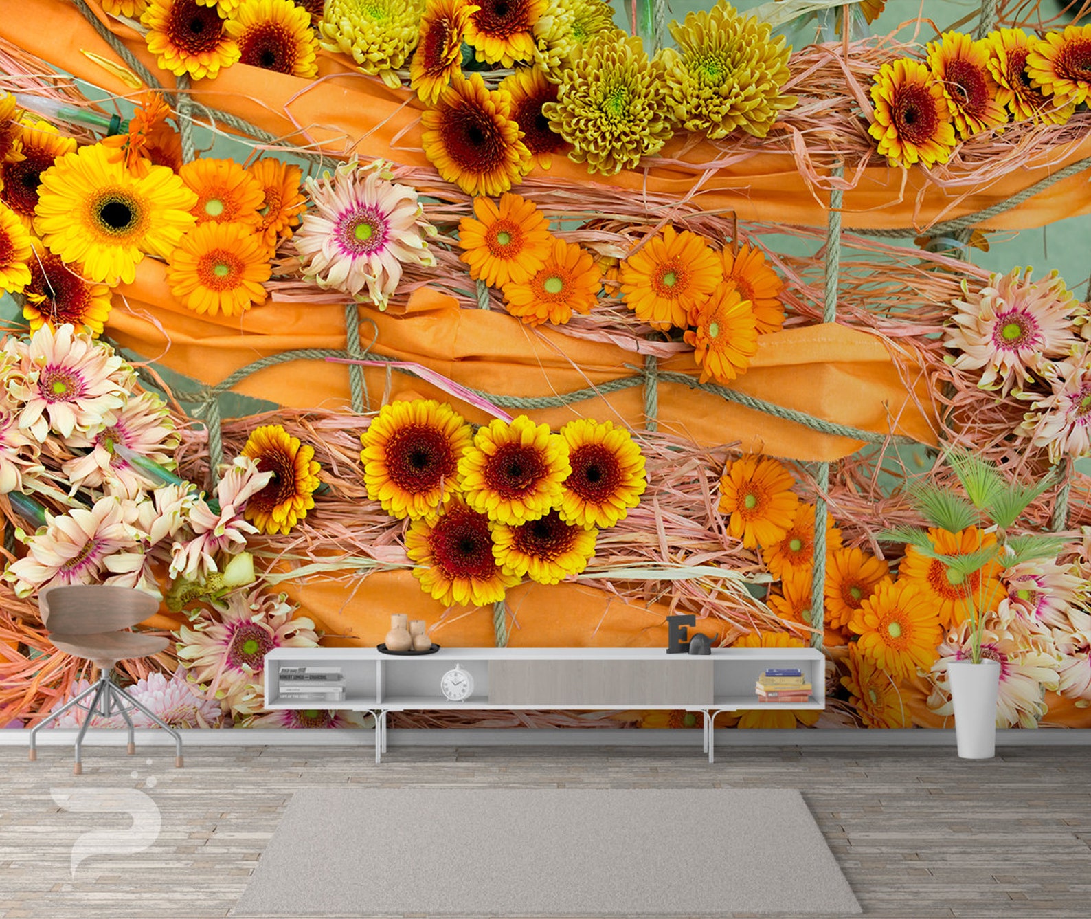 Floral WALL MURAL Yellow Flowers Wallpaper Mural Large Wall Etsy