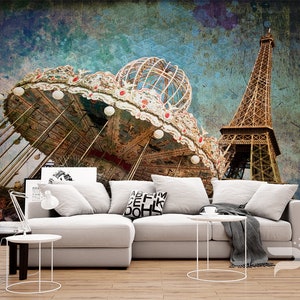 Mural mural de pared de París, mural mural de pared de la Torre Eiffel, extraíble y reutilizable, mural de papel tapiz peel & stick