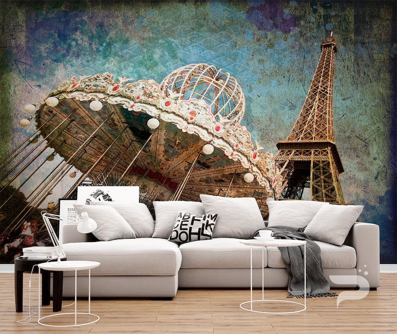 Paris Carousel Wall Mural Covering Eiffel Tower Art Print Poster Removable And Reusable L Stick Wallpaper