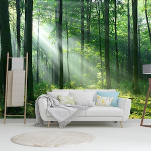 Forest Sunrays WALLPAPER MURAL, Mountain Forest Wall Mural, Grande murale, Self Adhesive Peel & Stick Mural, Forest Morning Wall Covering
