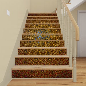 Abstract STAIR RISER STICKERS, Stair Riser Vinyl Strips, Golden Staircase Mural Sticker, Stairway Removable Wallpaper Peel and Stick