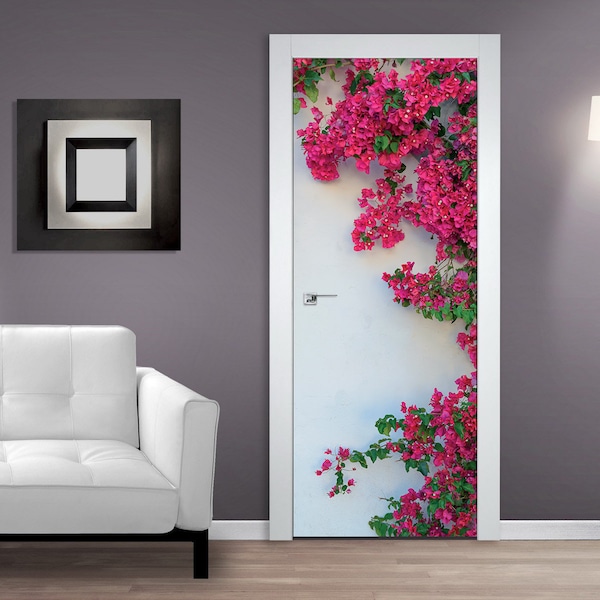 Flowers on a Wall DOOR MURAL Sticker, Self Adhesive Door Wrap, Peel & Stick Removable Door Covering Wallpaper