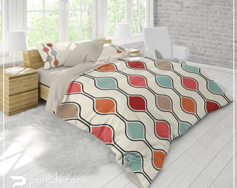 Retro Bedding, Geometry Duvet Cover Set, Retro Style Bedding, Mid Century Bedding, Vintage Bedding, 70’s Duvet Cover Set, Retro Pillows