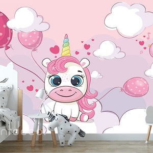 Pink Unicorn WALLPAPER, Nursery Wallpaper, Cute Unicorn Wall Art Decor for Girls, Cartoon Peel & Stick Mural for Girly Room
