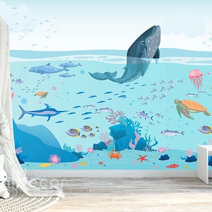 Ocean Life WALLPAPER, Kwekerij Behang, Onderwater Wall Art Decor voor meisjes Jongens, Peel & Stick Muurschildering Zeedieren Walvisschildpadden Dolfijnen