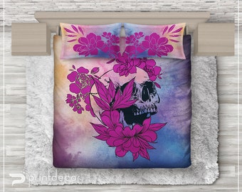 Watercolor Skull BEDDING, Floral Skull Duvet Cover Set, Dia De Los Muertos Bedding, Day of the Dead Duvet Cover, Floral Retro Bedroom Decor