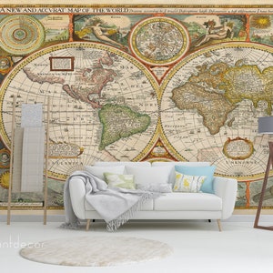 1651 World Map WALL MURAL, Vintage World Map Wallpaper, Old Colorful Map Reproduction Wall Decal Print Poster, Peel & Stick Mural, Map Decal