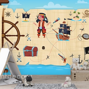 Carte au trésor WALLPAPER, Nursery Wallpaper, Ocean Adventure Wall Art Decor for Girls Boys, Peel & Stick Sea Mural, Island, Pirates, Quest