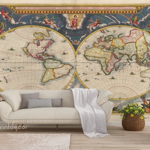 Carte colorée du Vieux Monde MURAL, Carte vintage du Monde WALL MURAL, Old Map Reproduction Wallpaper Decal Poster, Peel & Stick Mural Print