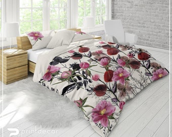 Floral Bedding Set, Gentle Shabby Chic Duvet Cover Set, Watercolor Peonies Bedding, Wild Forest Flower Bedding, Twin, Full, Queen, King