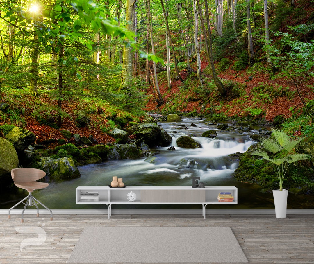 Forest River WALL MURAL, Green Forest Wallpaper Mural, Large Wall Mural