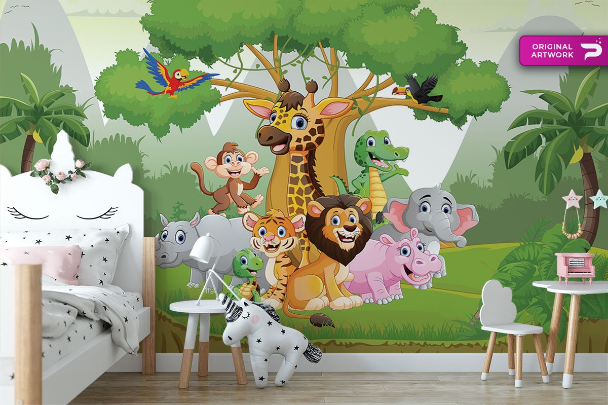 Cartoon Wallpaper Nursery WALLPAPER Cute Animals Wall Art Etsy