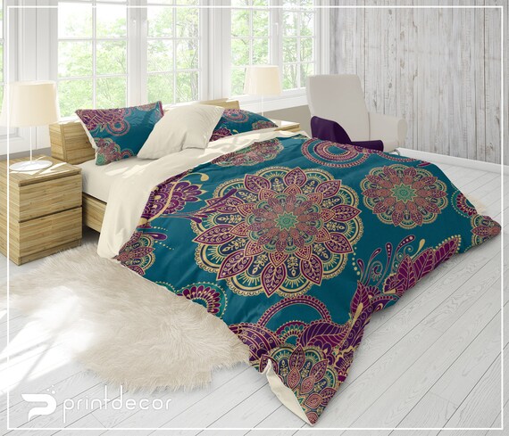 Mandala Bedding Set Boho Peacock Duvet Cover Set Teal Etsy