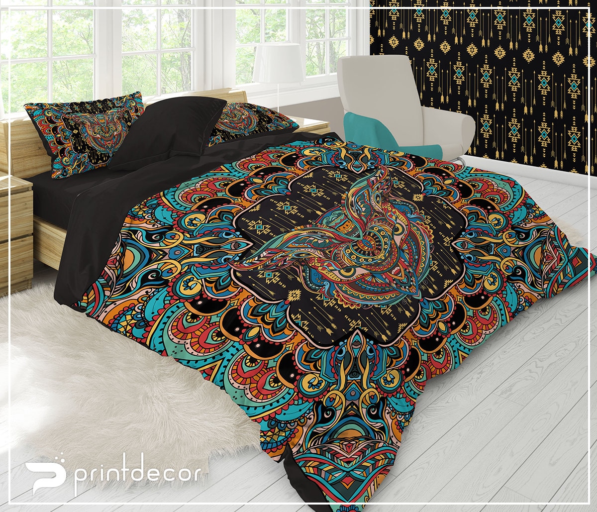 Boho Bedding Doodle Art Owl Duvet Cover Set Owl Totem Etsy