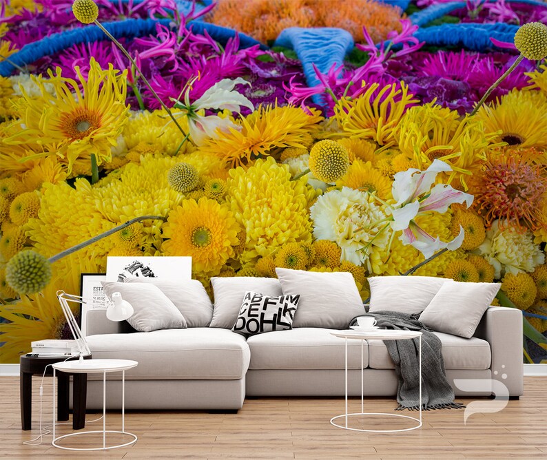 Yellow and Purple Floral WALL MURAL Flowers Wallpaper Mural Etsy