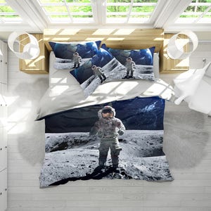 Astronaut Bedding Set, Moon Mission Duvet Cover Set, Planets Bedding, Space Bedroom Decor, Apollo 11 Bedding, Twin, Full, Queen, King