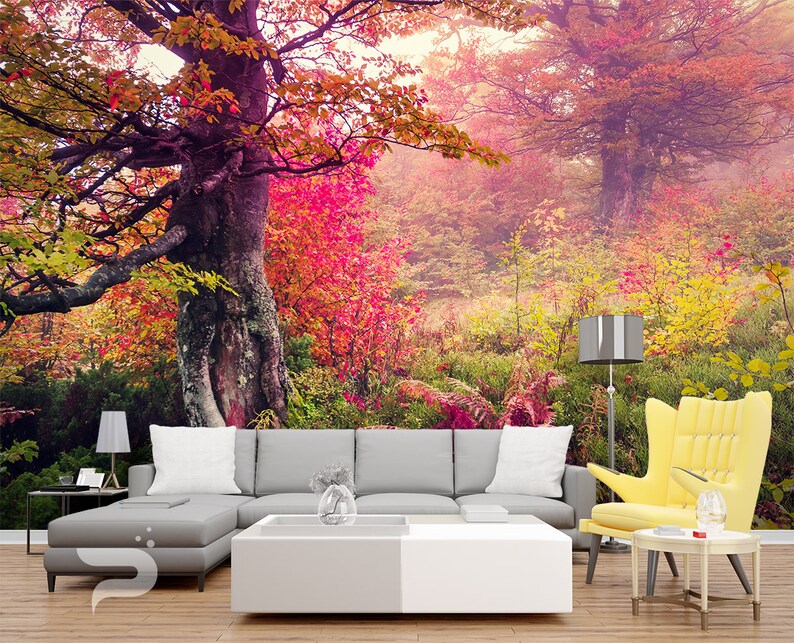 Colorful Trees WALL MURAL Forest Wall Covering Autumn Forest Etsy