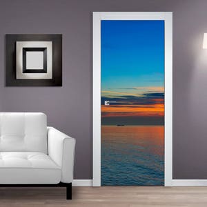 Lone Boat Sunrise DOOR MURAL Sticker, Self Adhesive Door Wrap, Peel & Stick Removable Door Covering Wallpaper