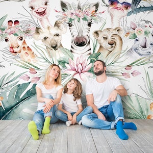 Jungle Wallpaper, Safari WALLPAPER, Tropical Forest Wall Art for Girls and Boys, Exotic Animals Wall Decor, Peel & Stick Mural for Children