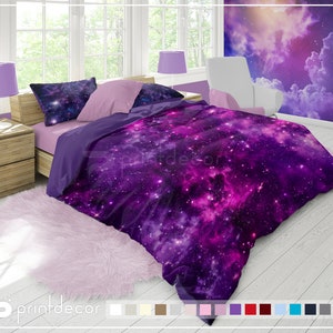 Lila rosa Nebel-Bettwäsche-Set, Galaxie-Sterne-Bettbezug-Set, Weltraum-Bettwäsche, Galaxie-Schlafzimmer-Dekoration, Universum-Bettwäsche, Twin, Full, Queen, King
