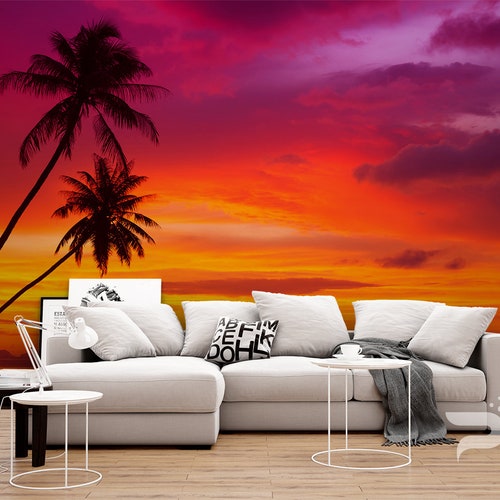 Purple Tropical Sunset WALL MURAL Beach Wallpaper Large Wall - Etsy