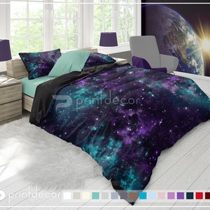 Green & Purple Nebula Bedding Set, Galaxy Duvet Cover Set, Space Bedding, Space Decor, Universe Bedding, Twin, Full, Queen, King Bedding