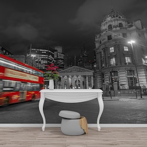 London Black & White WALLPAPER MURAL, London Red Bus Mural, Large Wall Mural, Self Adhesive Peel and Stick Mural, Nightscape Wall Mural