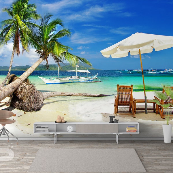 Paradise Beach WALL MURAL, Palms Wall Covering, White Sands Wall Art Print Poster, Removable Peel & Stick Wallpaper, Island Beach Wall Mural