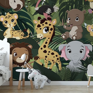 Nursery Wallpaper, Cartoon Animals WALLPAPER, Jungle Wall Art for Children, Safari, Kids Wall Decor, Tropical Peel & Stick Decor