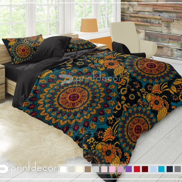 Mandala Bedding Set, Boho teal with orange and yellow mandala Duvet Cover Set, College Bedding, Twin, Full, Queen, King duvet cover