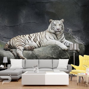 Weißes Tiger WANDBILD, Tiger Wandbedeckung, Große Katze Wand KunstDruck Poster, Albino Tiger abnehmbar &#39;n Wiederverwendbare Wand Dekor Peel & Stick Wandbild