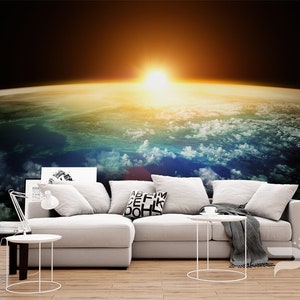 Space Sunrise WALL MURAL, Earth from Space Wallpaper Mural, Large Wall Mural, Self Adhesive Peel & Stick Mural, Galaxy, Astronaut Wall Mural