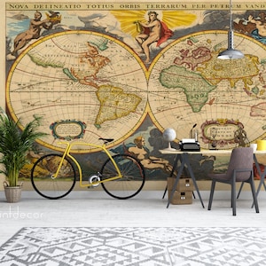Old World Map WALL MURAL, fond d’écran vintage de la carte du monde, belle reproduction de carte colorée Wall Art Print Poster, Peel & Stick Mural