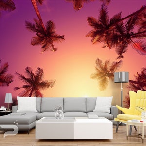 Purple Sky MURAL, Palms Wallpaper, Stunning Sunset Wall Mural, Large Mural, Beautiful Palms Sunset Wall Decor, Removable Peel & Stick Mural