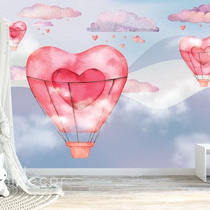 Love is in the Air WALLPAPER, Nursery Wallpaper, Cute Cartoon Hearts Wall Art Decor for Girls, Hot Air Balloon Peel & Stick Mural Girly Room