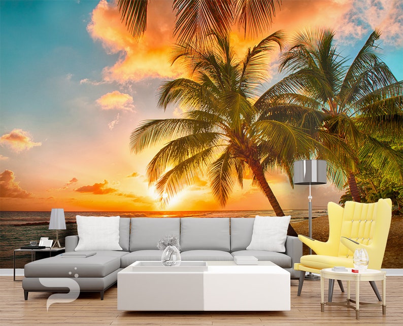 Tropical Beach WALL MURAL Palms Wall Covering Beach Sunset | Etsy