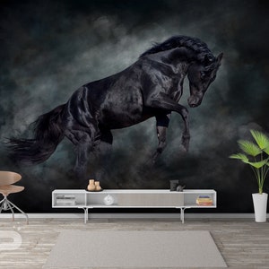 Black Stallion MURAL, Horse Wallpaper, Black Bronco Wall Mural, Large Mural, Running Horse, Mustang Wall Decor, Removable Peel & Stick Mural