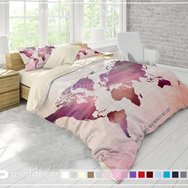 Carte du monde Literie, Aquarelle Carte Duvet Cover Set, Citation inspirante Carte Literie, Carte de voyage Literie, Twin, Full, Queen, King Bedding