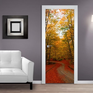 Road with Fallen Leaves DOOR MURAL Sticker, Self Adhesive Door Wrap, Peel & Stick Removable Door Covering Wallpaper