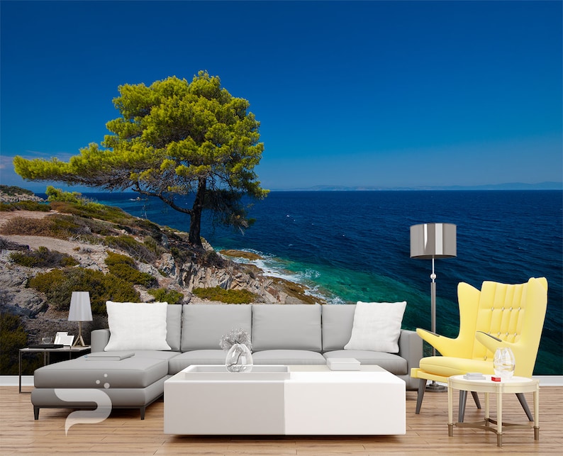 Large Wall Mural Lonely Tree WALL MURAL Sea Cliffs Greece Self Adhesive Peel & Stick Mural Wall