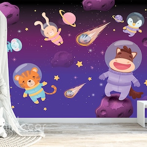 Little Astronauts WALLPAPER, Nursery Wallpaper, Cute Animals Wall Art Decor for Girl or Boy, Peel & Stick, Asteroid Belt Space Adventure