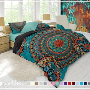 Mandala Bedding Set, Boho teal with orange and yellow mandala Duvet Cover Set, College Bedding, Twin, Full, Queen, King duvet cover