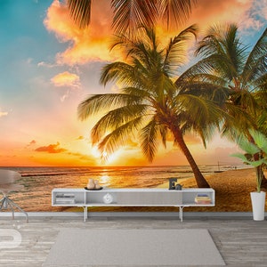 Tropical Beach WALL MURAL, Palms Wall Covering, Beach Sunset Wall Art Print Poster, Removable Peel & Stick Wallpaper, Carribean Mural